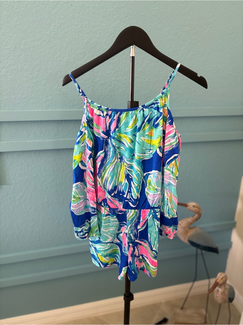 Lilly Pulitzer Girls Cold Shoulder Romper Blue Pink Green Palm Cotton XL 12-14